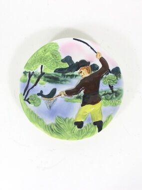 Vintage Hand Painted Ceramic Wall Hanging Fishing Plate Folk Art